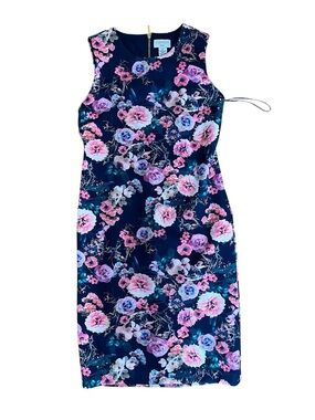 Carmen Marc Valvo Navy Bright Floral Tank Fitted Pencil Sheath Semi-Formal Dress